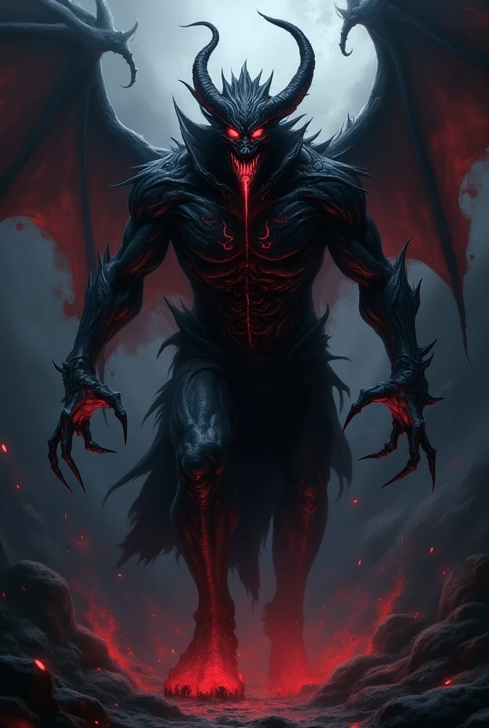 When Azrakor enters his demonic form, his appearance undergoes a frightening and powerful transformation. His fur, before a dark gray tone, becomes even paler and stiffer, as if being hardened by an inner force. Bright red veins run all over his body, pulsing with demonic energy, and his eyes light up a flaming red, radiating an intense and threatening light.
Your arms transform completely, becoming two grotesque super machine guns that seem fused to his flesh and bones. The metal of the machine guns is a dark red, quase negro, with an oily sheen that reflects light in a sinister way. The weapons have intricate details, with little spikes and claws coming out of the pipes, and glowing demonic runes etched across the surfaces, that emit a red glow. Machine gun barrels are elongated and organic, looking like nerves and tendons that have been transformed into a living metal.
His shoulders and chest are reinforced by a natural carapace, feita de bloodstains coagulado e ossos, that molded itself to his body like a grotesque armor. This shell protects your vital areas and has sharp spikes that come out of your shoulders and forearms., giving him an even more intimidating appearance. Your mouth is half open, revealing sharp, elongated teeth that now look like claws ready to tear flesh.
Behind him, its black wings grow and expand, with the edges glowing a fiery red. They appear to be covered in a viscous liquid that glows with the same menacing intensity as their machine guns., creating a striking contrast against the darkness of their feathers. A auréola de bloodstains sobre sua cabeça se intensifica, spinning rapidly and releasing small sparks of red energy, that crackle in the air, creating a halo of evil power around him.
The whole of his transformation is a terrifying spectacle.: a fusion of flesh, bloodstains, and metal, where Azrakor becomes the p itself