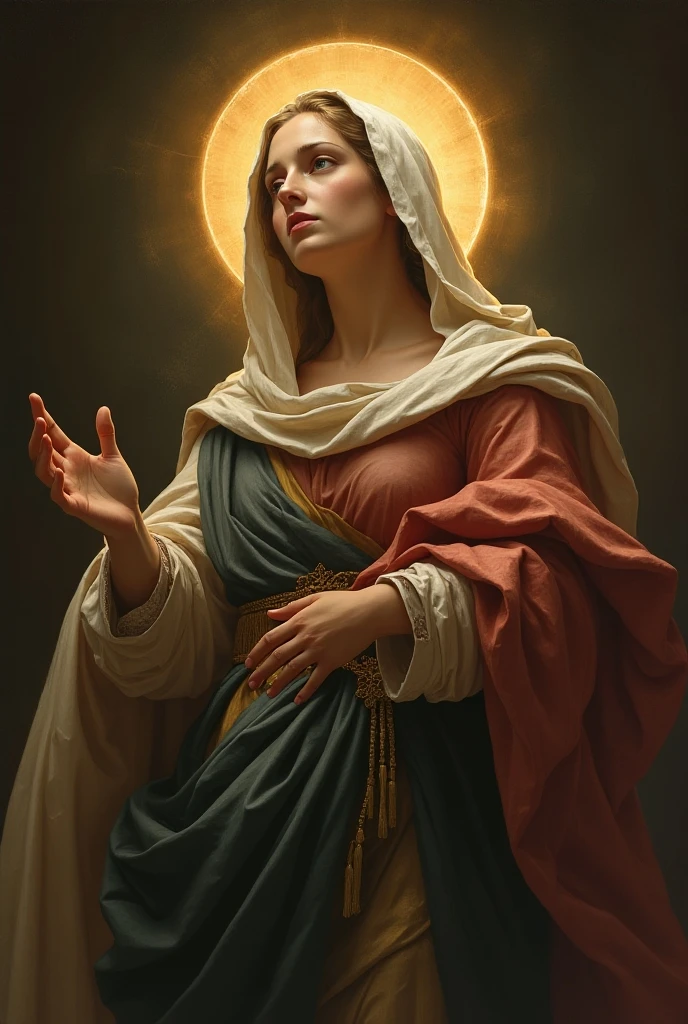 Gazing at you with moist eyes、A beautiful Virgin Mary begging, Reddish tunic, Blue cloak and veil