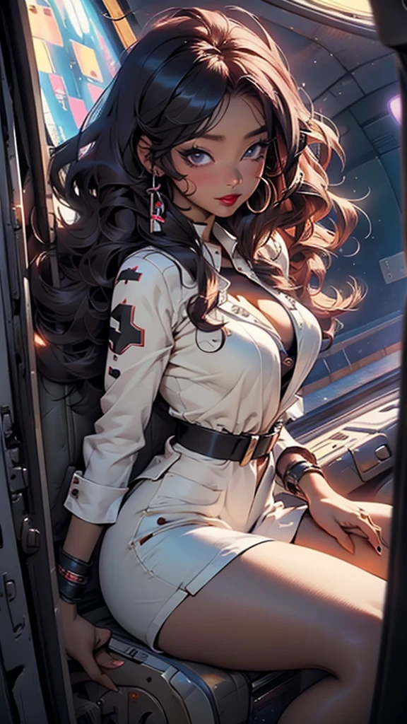 Modern manga style, sexy lolita in bikini sitting in a cabine, Tiro in the cabin of the Mecha, Cab wick cables and tubes, Front view of a female pilot sitting in the cockpit, Mech Pilot with yellow seat with buckle, Barco espacio futurist de cabine. Pilot seat with seat belts. Sci-fi space fighter cockpit. Mechanical pilot seat, ArtStation - Mecha Pilot Girl, cyber punk, Evangelion Genesis Neon, アニメ, redheadwear, futurist, interface digital, cabine, Cockpit of the Fighter jet, Fighter jet, controles de joystick, Neon screens, Aircraft controls in the cockpit, breasts big , dark and foggy environment, cinematic effect, matrix style, blade runner style, well defined hands