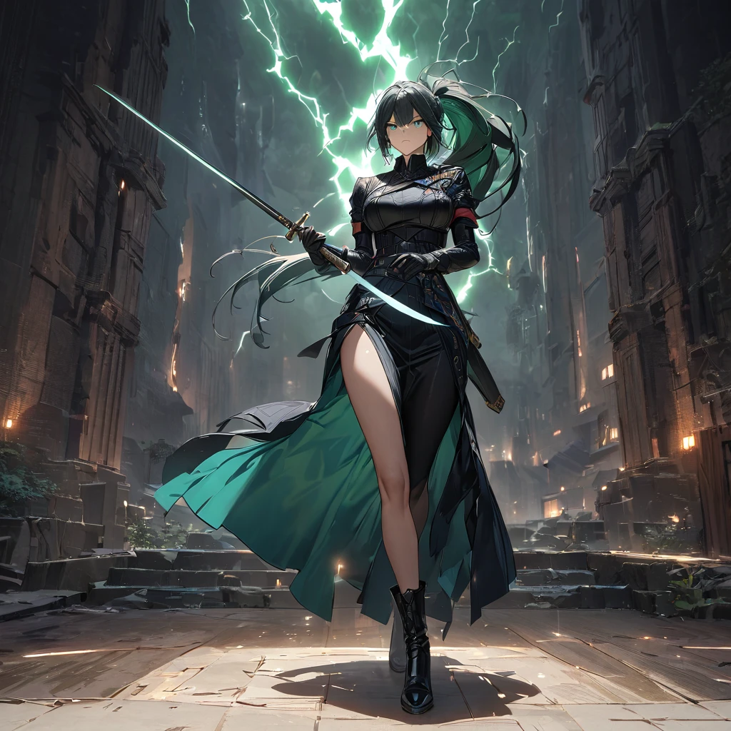  woman wearing virgil dress  ( Devil May Cry 5 ),  black breastplate ,  blue-green t-shirt inside , Black pants,  black leather boots ,  holding a Japanese sword without a pod ,  whole body , Serious face,  perfect face , perfect eyes,  big breasts,  black long hair, Ponytail ,  blue-green bow in her hair ,  black gloves,  standing walking on the ground with trees and a dark sky, With lightning .UHD,  Masterpieces , precise,  anatomically correct ,  Texture,  high-profile room,  measurements, best quality, 8k,   high definition  ,  bokeh effect . (Single woman)
