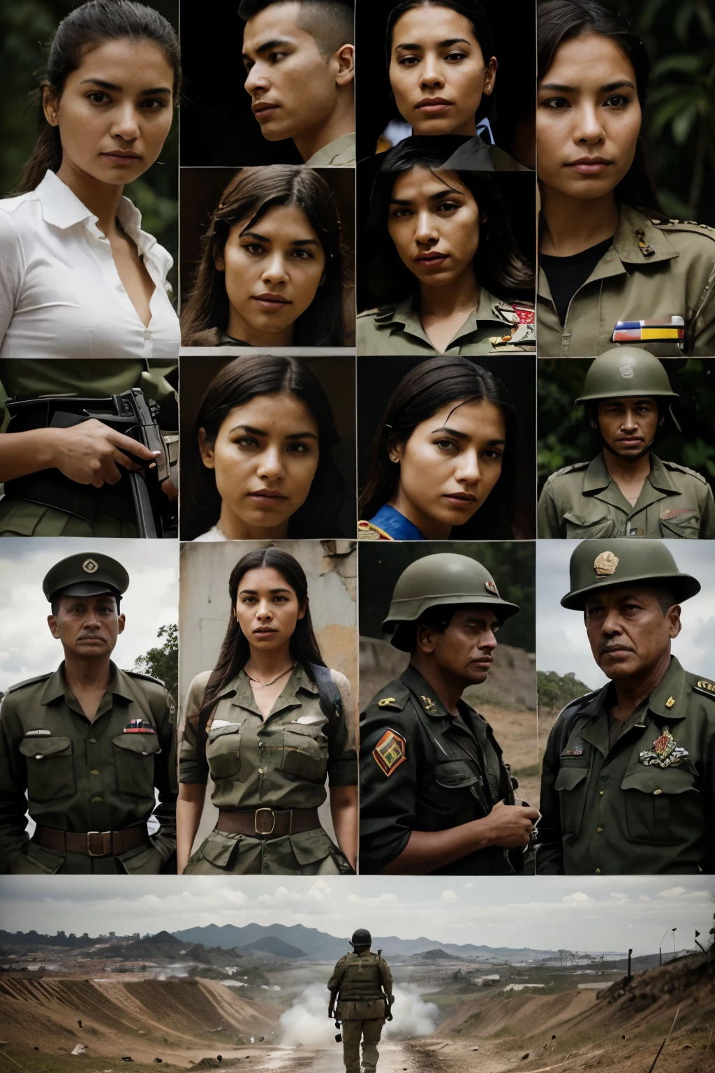 A Venezuelan military staff, at the left side there's a cute Venezuelan woman in her mid 30's, tan skintone, short/medium haircut with bangs, black hair
