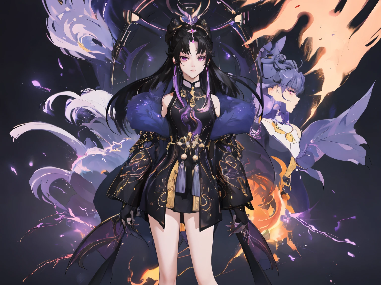 Masterpiece , best quality, 1 Xiao Wu , Face Color Looks Cool , Strong, Golden Left Eye , Red Right Eye , Long hair, Black hair, Firm Eyes , Simple Uniform , Black Long Earrings , Chinese Morden Hybrid , Front Photo , simple background, purple Background , Anime, illustration, Full body , bun hair , full body