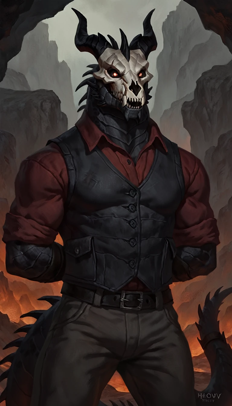 dragon like anthro lizard, hands behind back, anthro dragon, solo, portrait, scaly, detailed scales, experienced predator, demonic, monster, mercenary, grin, open mouth, black scaly body, matte body, toned, muscular anthro, big muscles, big horns, wearing vest and pants, wearing red shirt, detailed scales, scars on body, 1male solo, anthro, muscular, thick neck, thick tail, skull head, marked jaw, Helltaker style, underground cave city background, darkness, horror, best quality, 4k, ultra-detailed, by laobai, by taran fiddler, by honovy