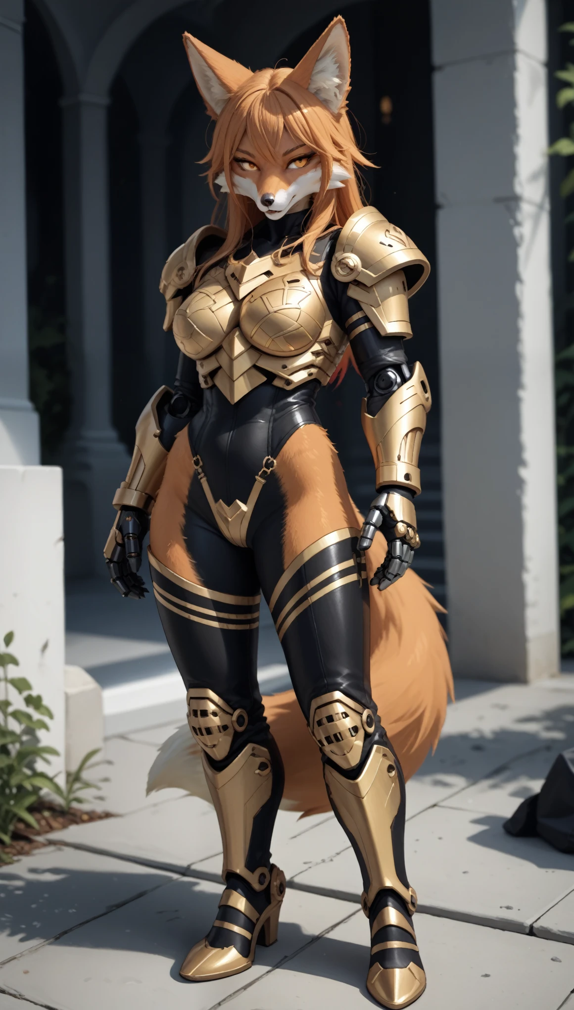 (zPDXL2), (PonyXLV6_Scores), source_anime, source_anthro, source_furry, rating_questionable, Expressiveh, full body, asymmetric image, BREAK
lhata4564, Hot Sexy Furry Fox Girl wear Gold Mechanical arm, leather Armor with Darkness Aura, Full Body