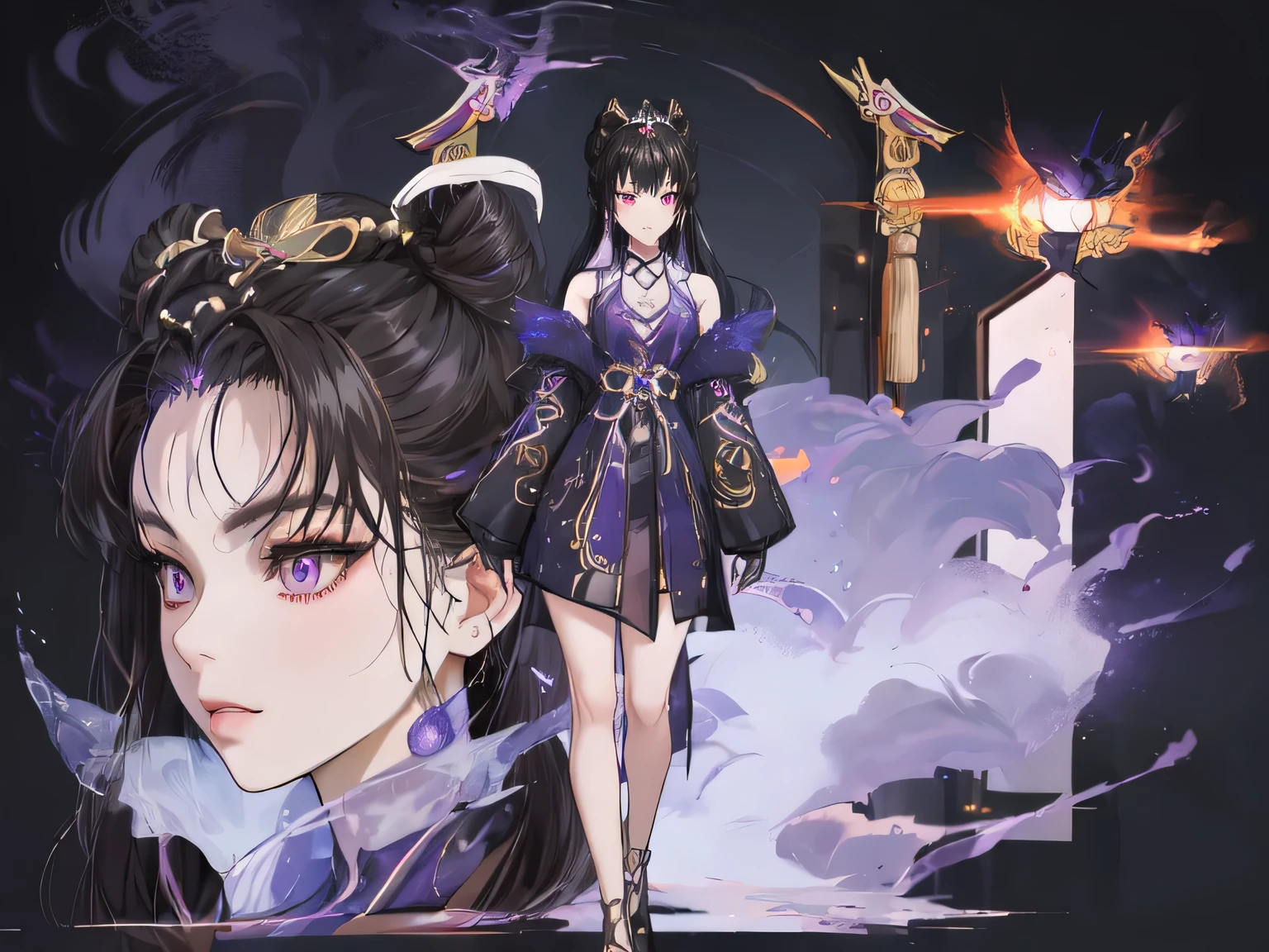 Masterpiece , best quality, 1 Xiao Wu , Face Color Looks Cool , Strong, Golden Left Eye , Red Right Eye , Long hair, Black hair, Firm Eyes , Simple Uniform , Black Long Earrings , Chinese Morden Hybrid , Front Photo , simple background, purple Background , Anime, illustration, Full body , bun hair , full body