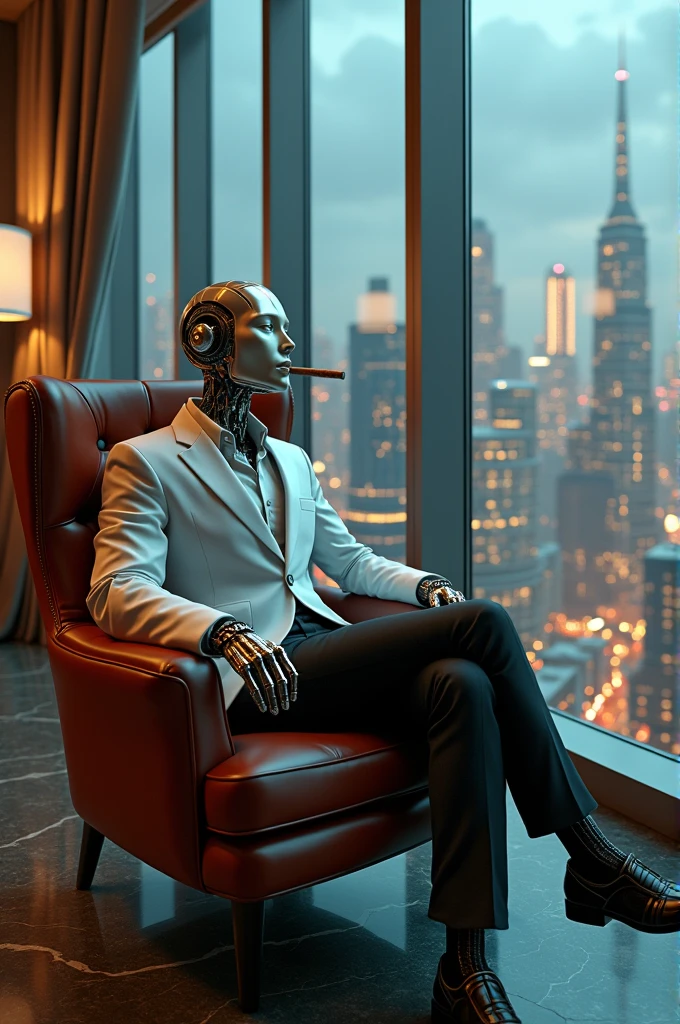 a skyscraper office in the big city, a male cyborg sits in a luxurious chair and smokes a big cigar, high quality, absurdres, masterpiece, beautiful, intricate details, 1/2 body crop, slim body, beautiful figure, magnificent anatomy, (intricate details:1.12), HDR, (intricate details, hyper-detailing:1.15), (natural skin textures, hyper realisitc, soft light, Sharp:1.2)