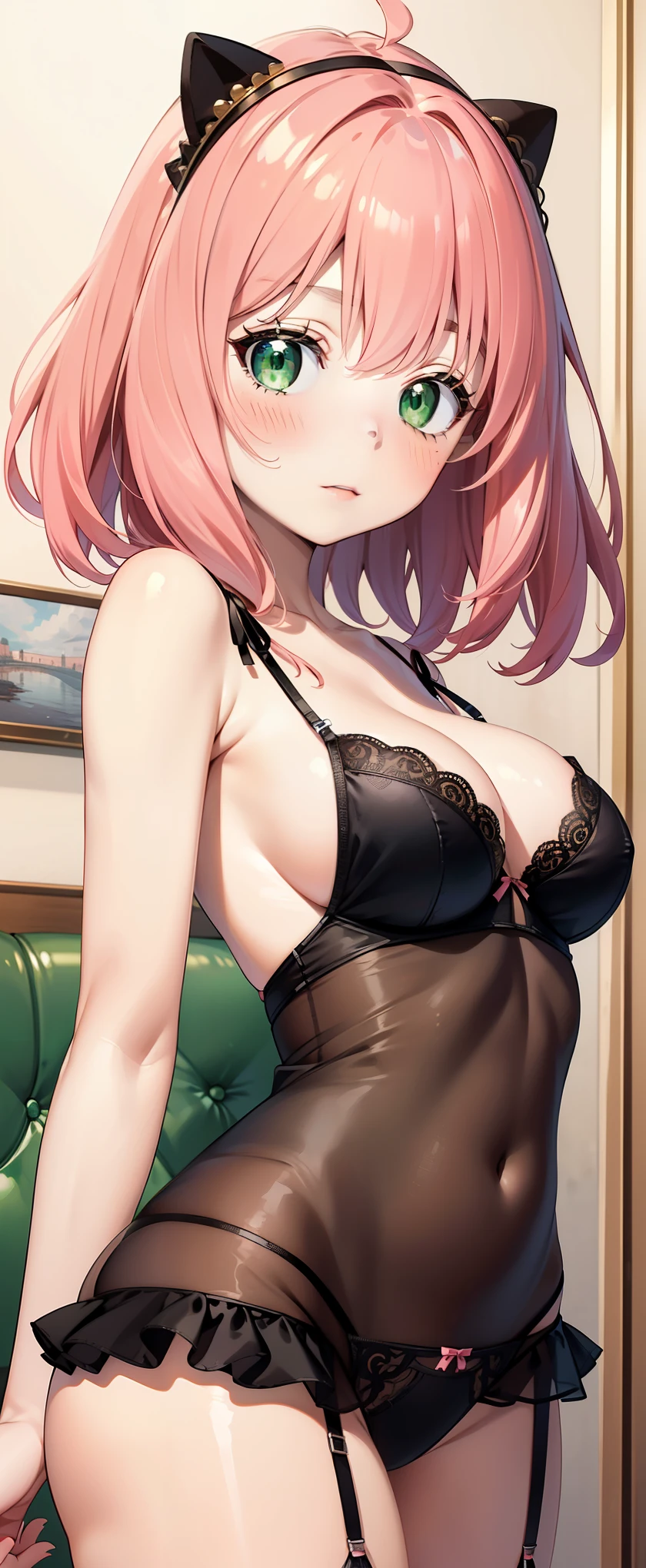 masterpiece,  Lyric, 8K, ultra detailed, detailed face,   big breasts shirt, Standing, blush, bright eye, (Face Detail), Anya the counterfeiter (  lingerie  :1.5) (  green eyes ) ( Pink hair) ( medium hair) (very low cut) (black cat headband in the hair) ((bare breasts)) ((naked breasts)) (desnuda))