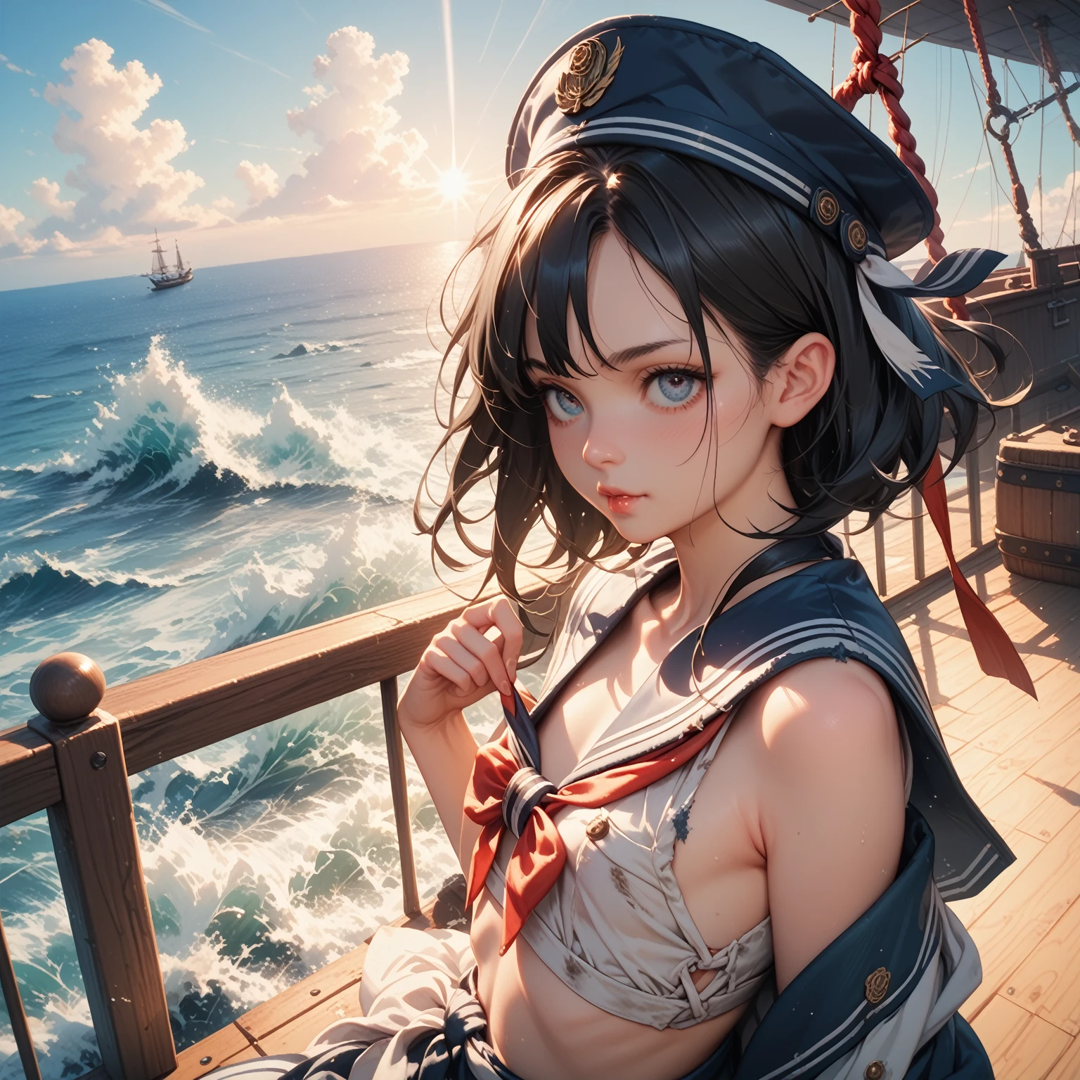 Landscape, young girl, Assol, Scarlet sails, girl looking from the shore to the sea, camera looking at the sea, sailboat with scarlet sails. --auto