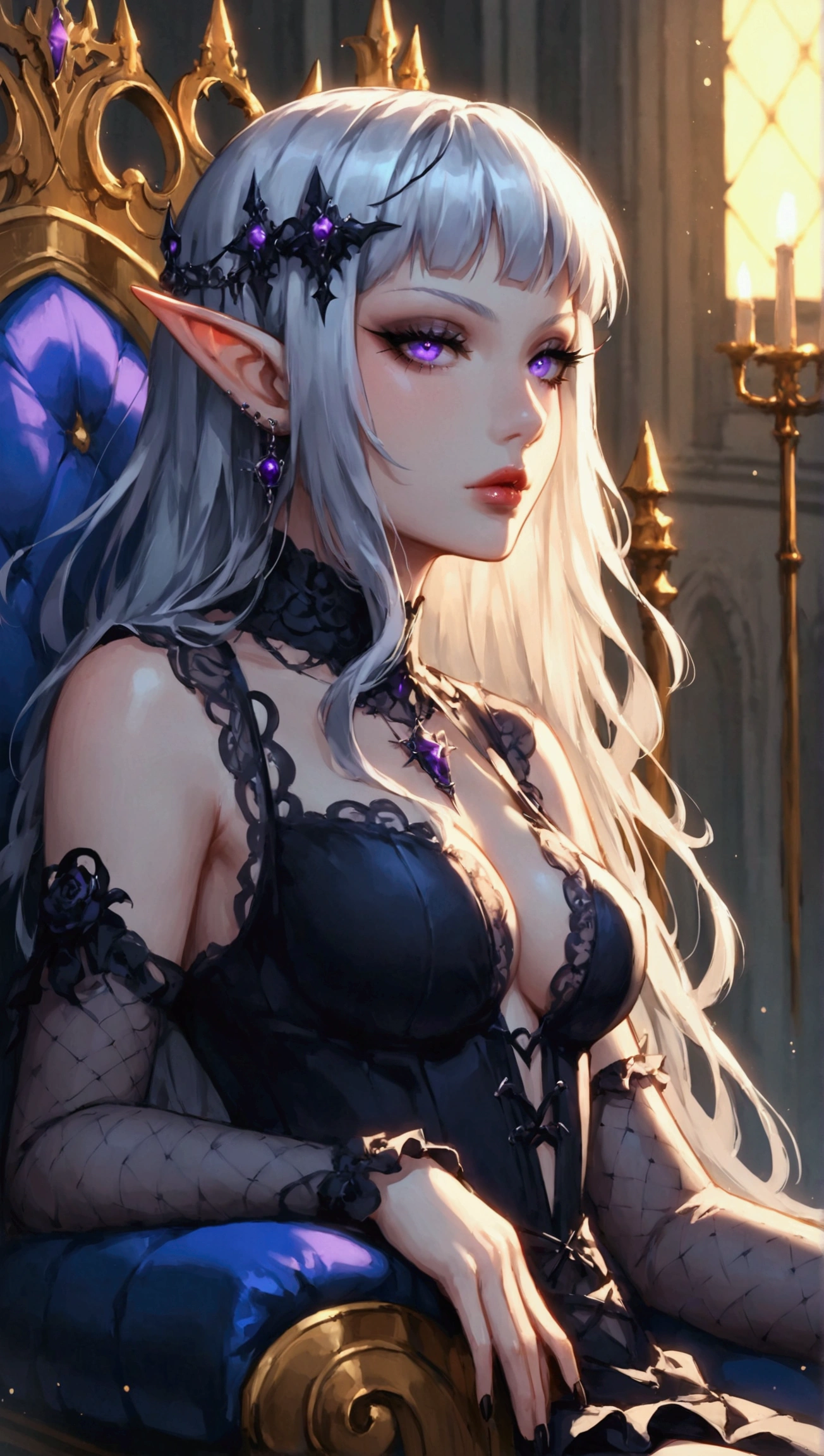 White elf girl, dark grey hair color, very long flowing hair, grey eye color, small eyes, realistic human eye shape, round eye shape, eyeliner, realistic face shape. black lace low cut lace shirt, portrait, wearing a black hood, black background, chest showing, NSFW, Depth of Field. looking at camera, dreamy look detailed eyes, detailed face, detailed skin, Ultra Detailed, Beautiful and Aesthetic, Masterpiece, Best Quality, shoulders showing. lace fabric, round chin shape. wearing black hood over hair. showing full upper body and face. wearing a black hood. hips showing, alot of flairs in background, zoomed out, hips exposed, black and gold. glowing, 