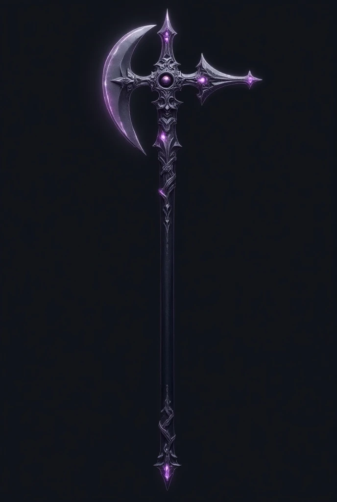 Gun with a long and thick handle, in black with violet details and the sharp obsidian blade in the shape of an oz