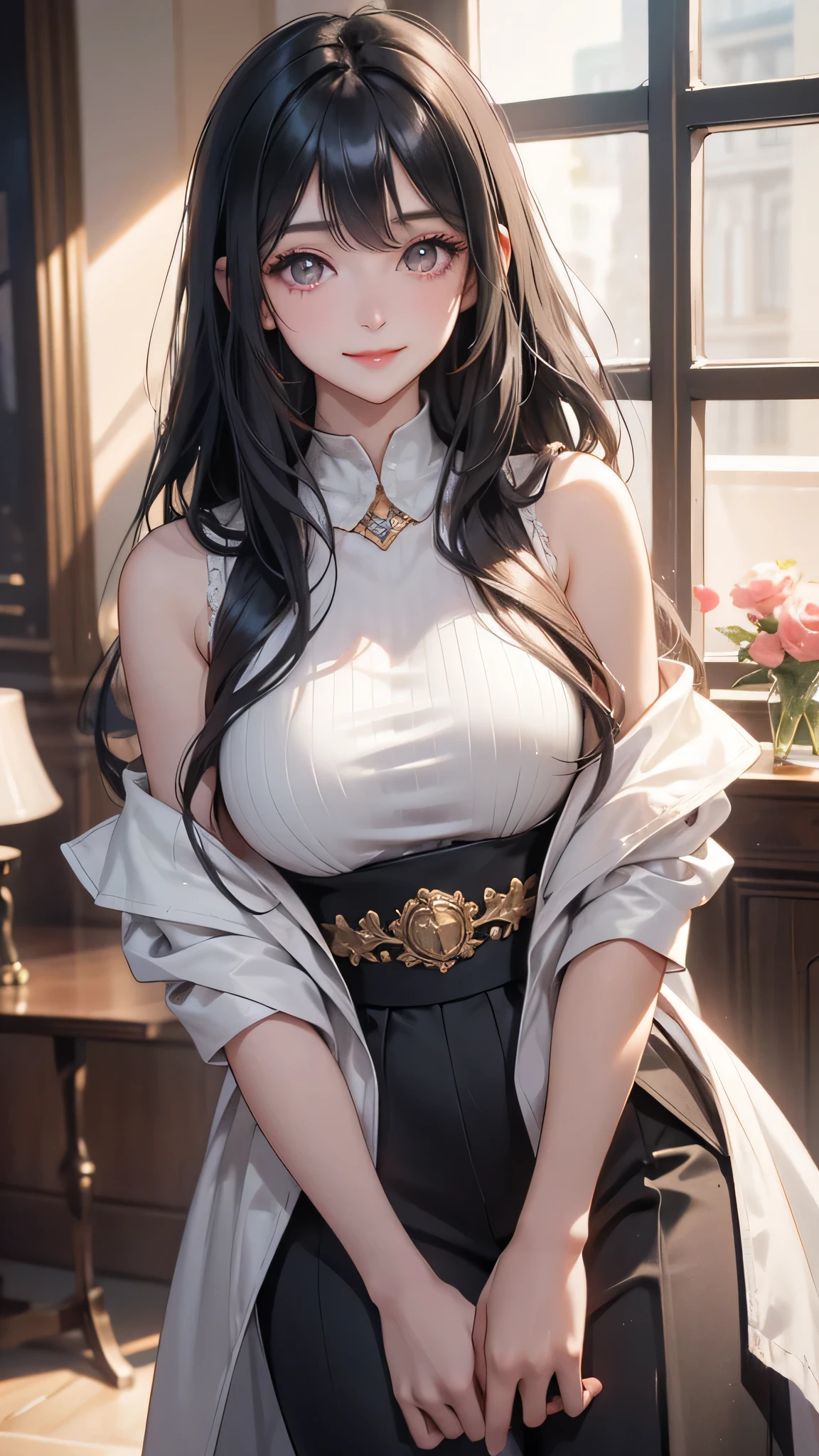 Masterpiece, top-quality, the best quality,1girl, solo, crossed arms, dress, white background, black hair, long hair, looking at viewer, simple background, chinese clothes, long sleeves, breasts, china dress, hair bow, cowboy shot, bow, red lips, side ponytail, parted lips, floral print, bangs, ponytail, blue bow, black dress, standing, lips, side slit, medium breasts, white shirt, shirt, belt, black eyes,watching the audience