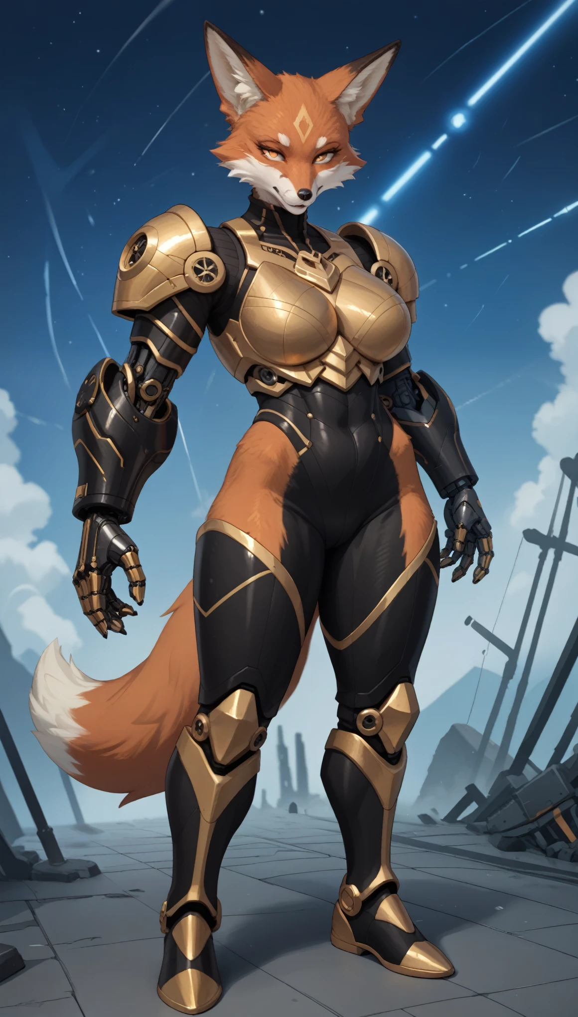 (zPDXL2), (PonyXLV6_Scores), source_anime, source_anthro, source_furry, rating_questionable, Expressiveh, full body, asymmetric image, BREAK
lhata4564, Hot Sexy Furry Fox Girl wear Gold Mechanical arm, leather Armor with Darkness Aura, Full Body