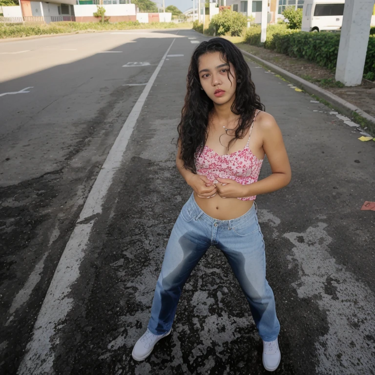  15-year-old Brazilian teenager, sharp nose, ,  black skin, curly hair , Pretty girl with face and body , in the street. Desperate look, peeing in your pants ( SHOW YOUR ASS)