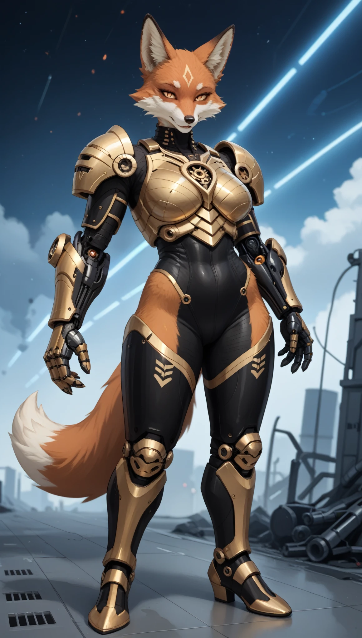 (zPDXL2), (PonyXLV6_Scores), source_anime, source_anthro, source_furry, rating_questionable, Expressiveh, full body, asymmetric image, BREAK
lhata4564, Hot Sexy Furry Fox Girl wear Gold Mechanical arm, leather Armor with Darkness Aura, Full Body