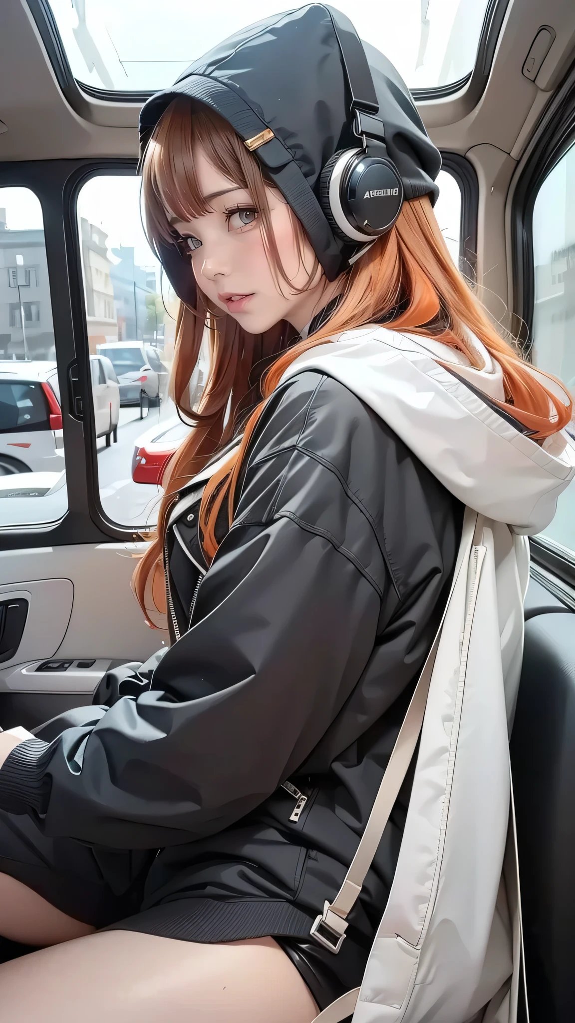 (masuter piece、side lights、 ultra-detailed、inely detailed beautiful eyes: 1.2)、1girl in、bags、buliding、from side、headphones、hoods、hood down、hooded jacket、parka、jaket、Long、orange color hair、redhair、solo、train、inside of a car、The upper part of the body、​masterpiece、top-quality