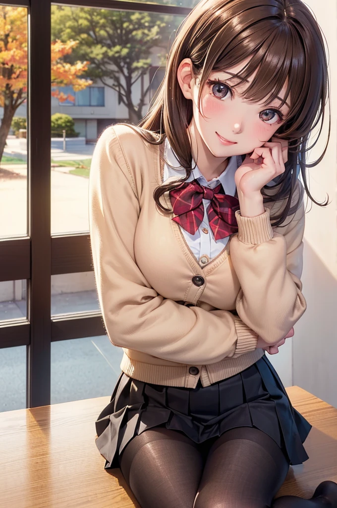 (masterpiece, best quality, extreme detailed beautiful eyes), best illumination, perfect lighting, (1 girl, solo, day, classroom:1.3) , rihokosakurai, rihoko_sakurai, (upper body,dynamic angle,dynamic pose,smile,shiny_eyes:1.2), (long_sleeves, beige_sweater, sweater, school_uniform, kibito_high_school_uniform:1.5), (shoulder_length_hair, very_large_breasts, brown_hair, brown_eyes, collarbone:1.2), pleated_blue_skirt, white_shirt, blue ribbon on neck, hdr, 4K