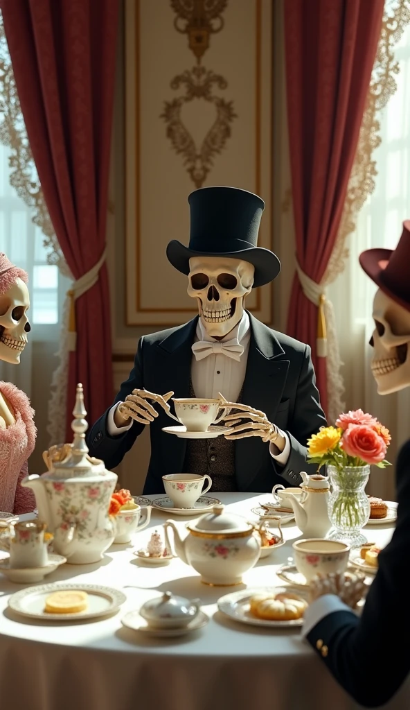 there are two women sitting at a table with a skeleton on it, cyborg fashion shot, pierre pellegrini and ash thorp, date, die antwoord style wear, wearing steampunk attire, lovely couple, inspired by Thomas Nast, hunger, couple, icons --auto --s2