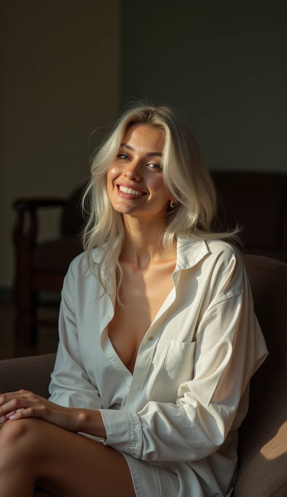 Sweet expression, Lying down, White glasses, Short white hair, (8K, RAW photos, Reality:1.25) ,( Lip Gloss, eyelash, Shiny face, Glowing skin, best quality, Ultra-high resolution , Depth of Field, Chromatic Aberration, Caustics, Wide-angle light, Natural shadows, Korean Idol) Looking at the audience with calmness and goddess-like happiness, whole body, Large Breasts, White lingerie, black, Transparent shirt, White shirt, secretary