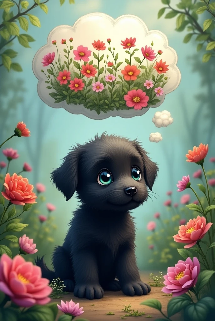 Crie a imagem de um cachorrinho de pelos escuros e olhos azuis que está dreaming em morar em um jardim com flores ( He's imagining , dreaming)  illustrate a thought bubble over his head 