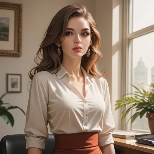 Twenty something year old, woman, skin, brown eyes, full lips, long chestnut hair, dressed in an office dress, waist up, Solo, High Resolution, Masterpiece, Anatomically Correct, Accurate, Best Quality,