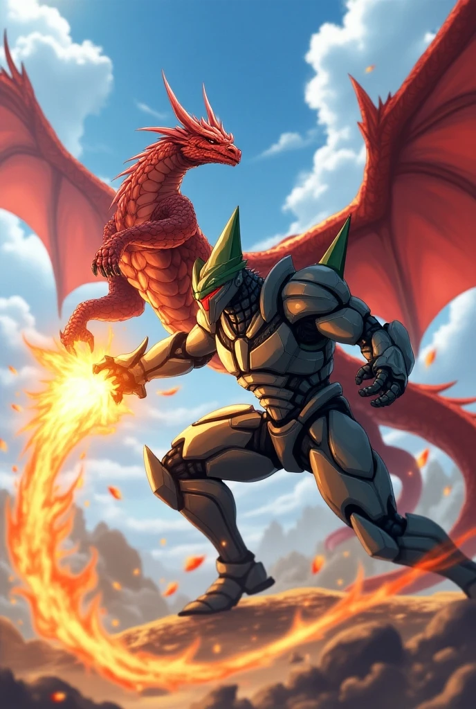 Intense fight scene between two characters. Character 1: (A full body image of a heroic anthropomorphic dragon, red scales, wearing gray high-tech armor, has wings), (Fire on his hands), (he looks like a superhero). Character 2: (A triangular shaped robot with a visor, jet-wing shoulder pads, color scheme green and gray, evil). These two fight against each other in the sky, anime style.
