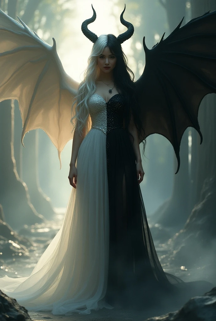 White haired woman with white dress and black wings falling, horned girl, devil horns, elf ears, cleavage, thigh, sexy, wide demonic wings