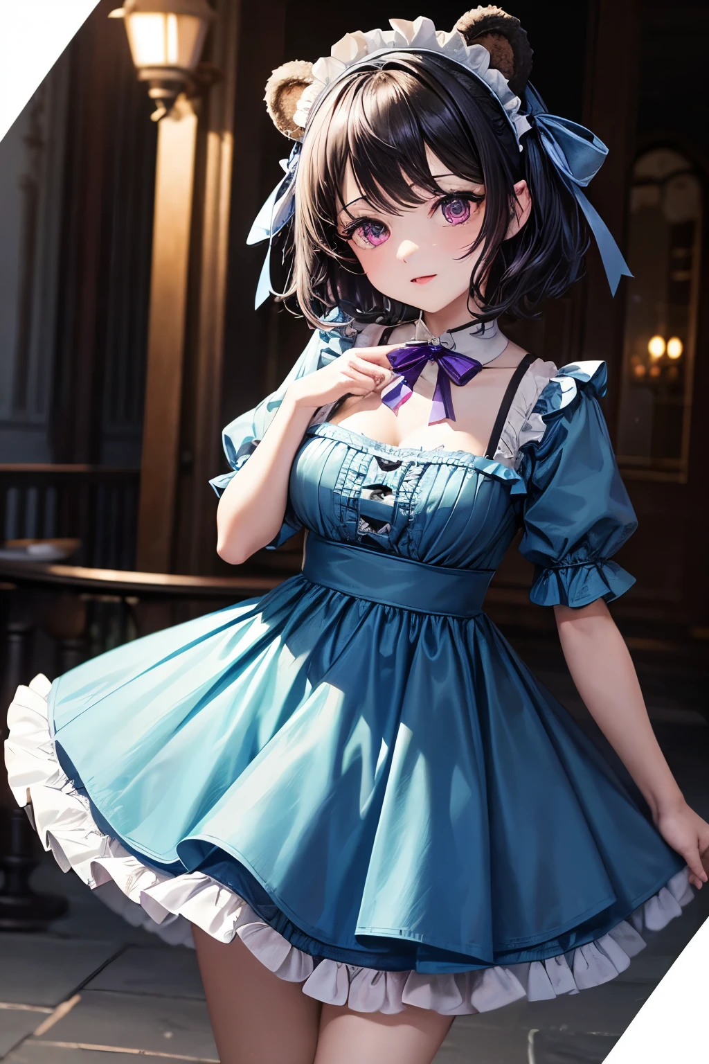 masterpiece, best quality,1girl, solo,whtie hair,medium hair,blue eyes,long sleeves,juliet sleeves,apron,maid,maid headdress,puffy sleeves,green dress,vest,buttons, white thighhighs,standing, looking at viewer, ((cat ear:1.2), 
