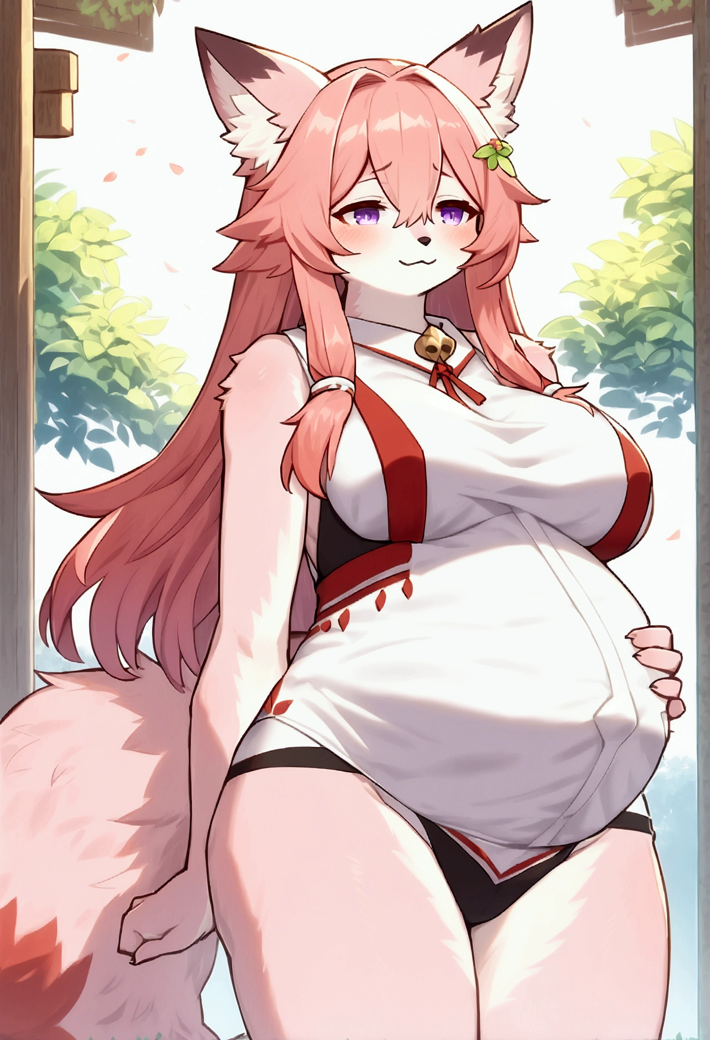 (top quality, best quality, Yamame513, High-quality illustrations, masterpiece, perfect artwork, cinematic light and shading, 16k, 1080p, uploaded on e621)(kemono, furry, anthro, alone), 1 mature female, (very detailed body, face, tail, arms, hands, legs, head and eyes), fox, Yae Miko, (Genshin Impact), hunter body, mature body, big breasts, pink fur, fluffy, fluffy tail, shrine maiden long hair, perfect eyes, purple eyes, black pupils, beautiful one-piece swimsuit, beautiful legwear, beautiful shrine garden, body movement, body twitching, beautiful pregnant, red blushing, shy, protective behavior, looking at flowers