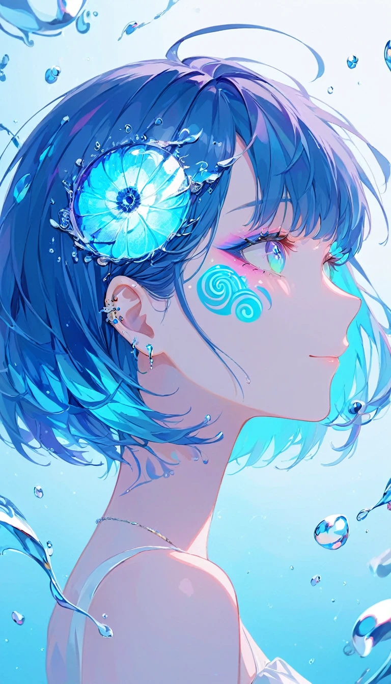   smile ,  WOMAN PROFILE  ,  face close-up , face tattoo,Water Shape , splashes  ,eye,  digital tattoo  ,  neon color  ,Neon Blue,   Blue Base Navy Blue Hair, pastel colors,  short hair,  Barrette Masterpiece   ,Best Quality,Exquisite,8k,  absurd, super detailed illustration ,(Being watched by the audience)