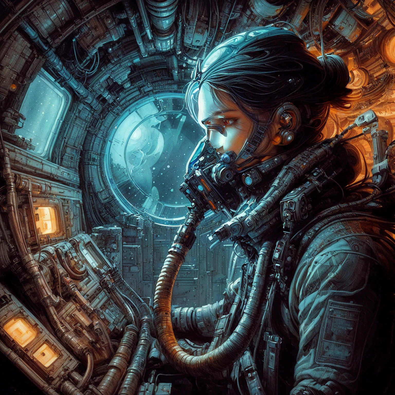 a woman in a space suit is looking at a window, detailed sci-fi art, sci - fi illustrations, sci-fi illustrations, dark sci-fi art, award winning scifi art, sci fi art, science fiction art, scifi art, sci-fi art, sci - fi art, beautiful sci fi art, sci-fi digital art illustration