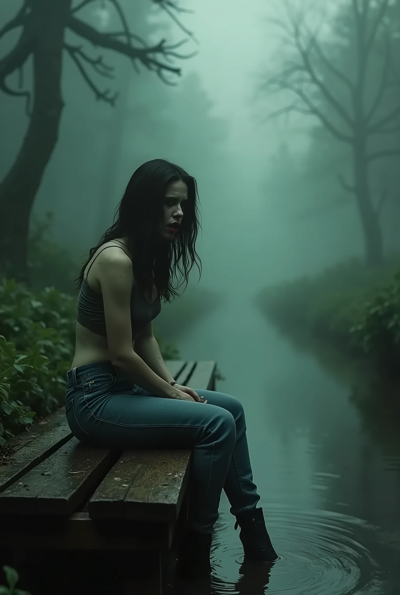 editorial photography,super detailed background,Super realistic,double exposure,depth of field,beauty super slender skinny masochist slave vides,soft focus pure tone,narrative scene,A naked woman hiding in thick fog at park bench midnight,NSFW,shy kinky,wet,dirty,masochist,bend over,