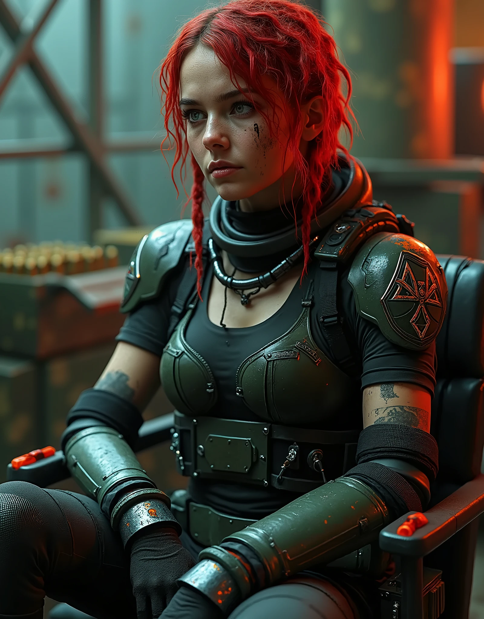  Beautiful hyperrealistic photo of a cute young Swedish woman with runic tattoos, ((dirty face,  blood-splattered )), ((( wearing full heavy mechanical armor , Combat harness,  neon highlights ))) Short red dreadlocks, (((sitting in a chair pose ))),  interior of a military facility background , Camouflage Net,  Ammunition boxes abstract beauty , Almost perfect, Pure Form, golden ratio, concept art,  Brian Froud and Carne Griffiths and Vadim Kashin ,  Complex Details , post production 8k,  high definition, super detail,  trends on ArtStation ,  clear focus ,  studio photos ,  Complex Details ,  very detailed ,  Greg Rutkowski 