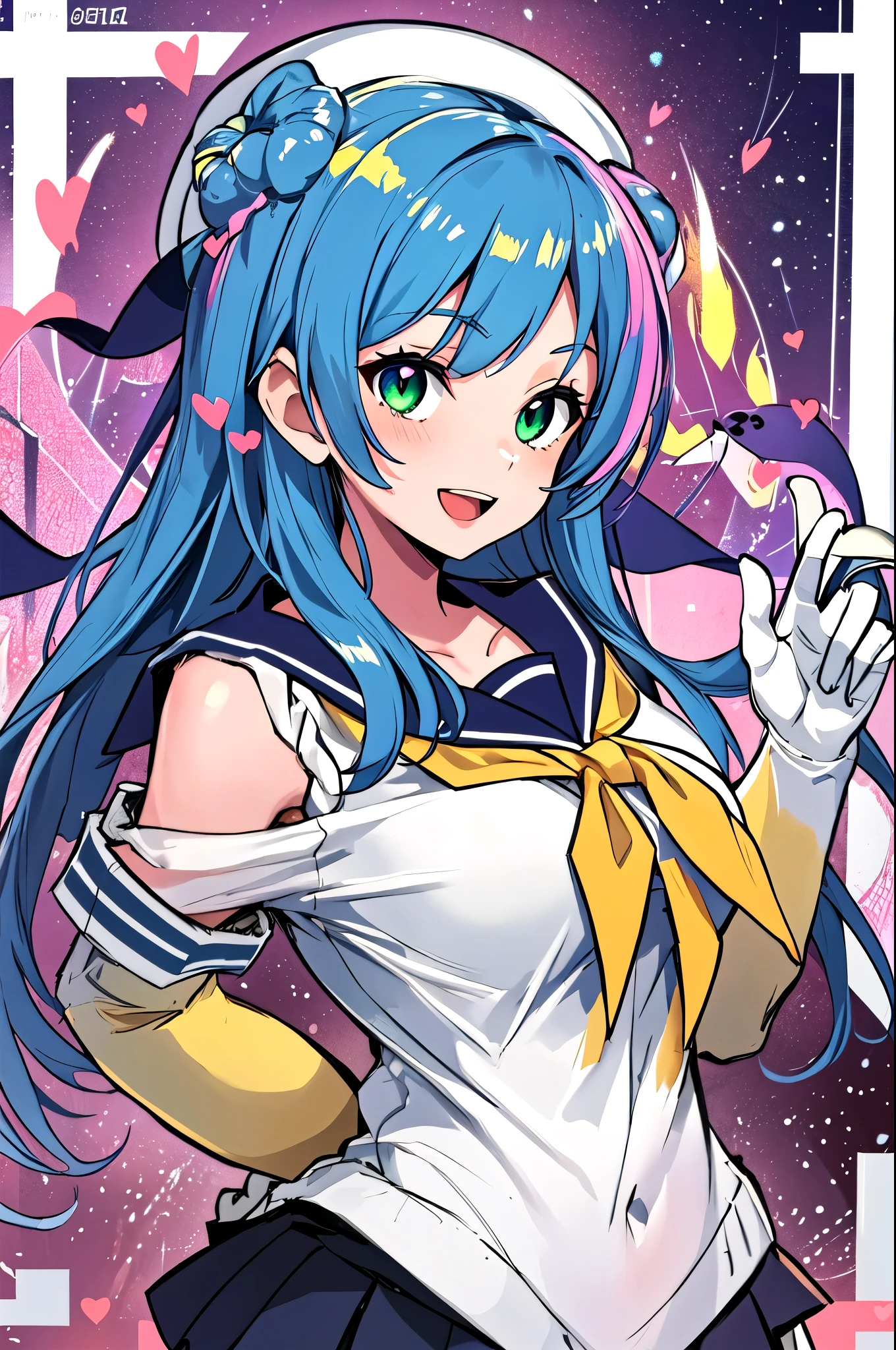 Best Quality, masterpiece,  Hi-Res, One person, {urakaze _Fleet Collection:1.15}, green_hair, hair_ good, double_ good, green_eye, white_ have , , smile, Chest, Sailor_, Seraph, length_hair, , open_mouth, big_Chest, One personの女の子, elbow_Gloves, Gloves,  stare _in_audience, Neckerchief, School_uniform, sleeve _Caught in the act_Excellent, yellow_Neckerchief, white_Gloves, Excellentper_body, heart, Sailor_ color