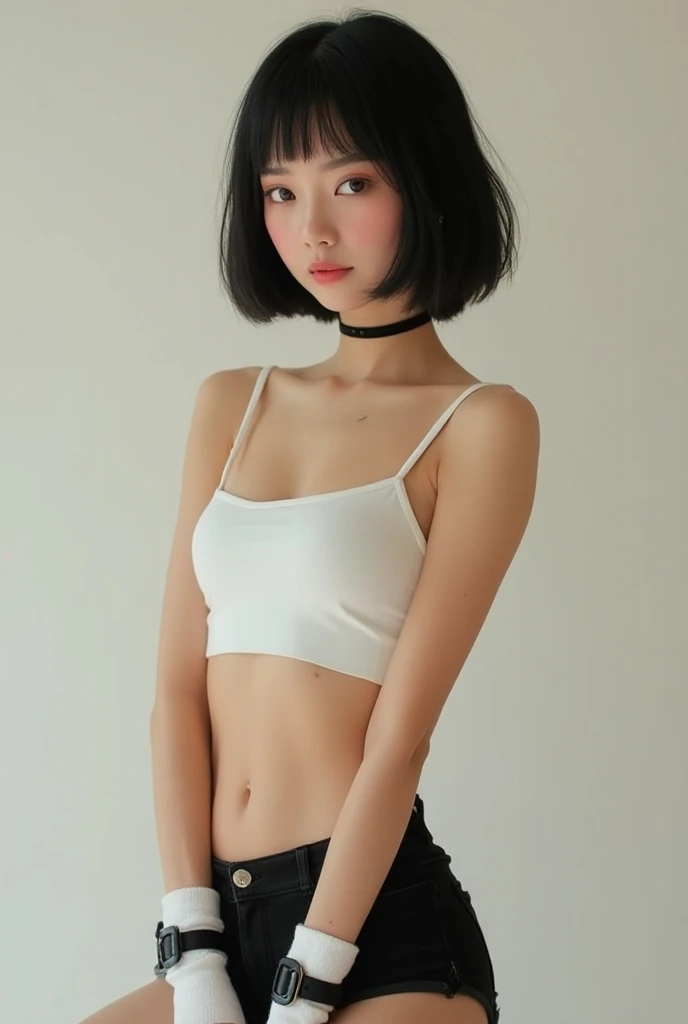 Top image quality、Raw photography、超A high resolution、Cute girl at 16 years old、Shooting for one person only、big round chest、Black tank top、Beautiful Eyes of Details、very elongated eyes、Beautiful eyelashes、Beautiful double eyelids、white walls、Beautiful waist、Beautiful legs、a short bob、slender physique,very tiny tits,Small breasts,Are thin,Flat Chest,Small Bust,Small hip,not nsfw,