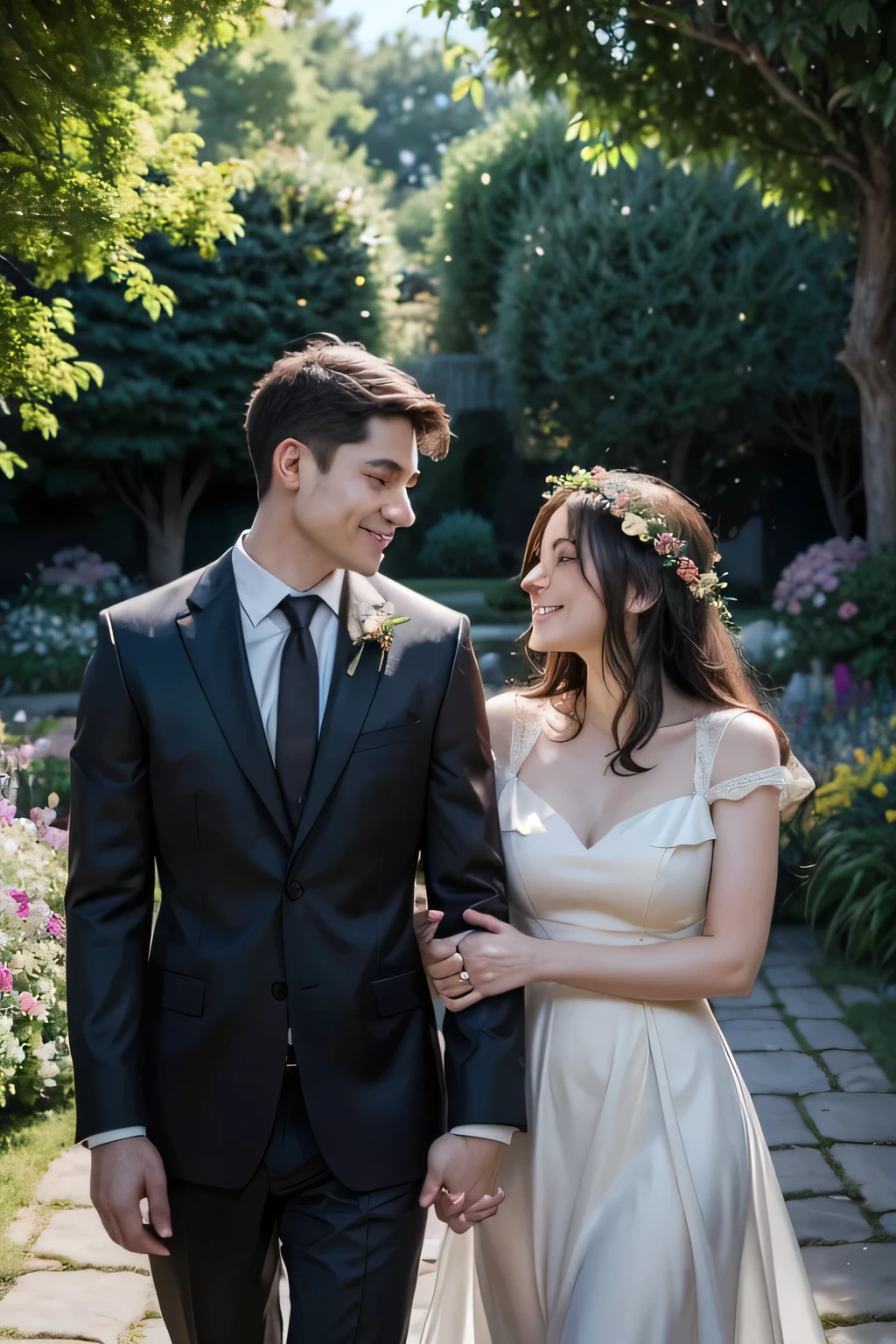 there is a man and woman posing for a picture in a garden , wedding photo, couples portrait