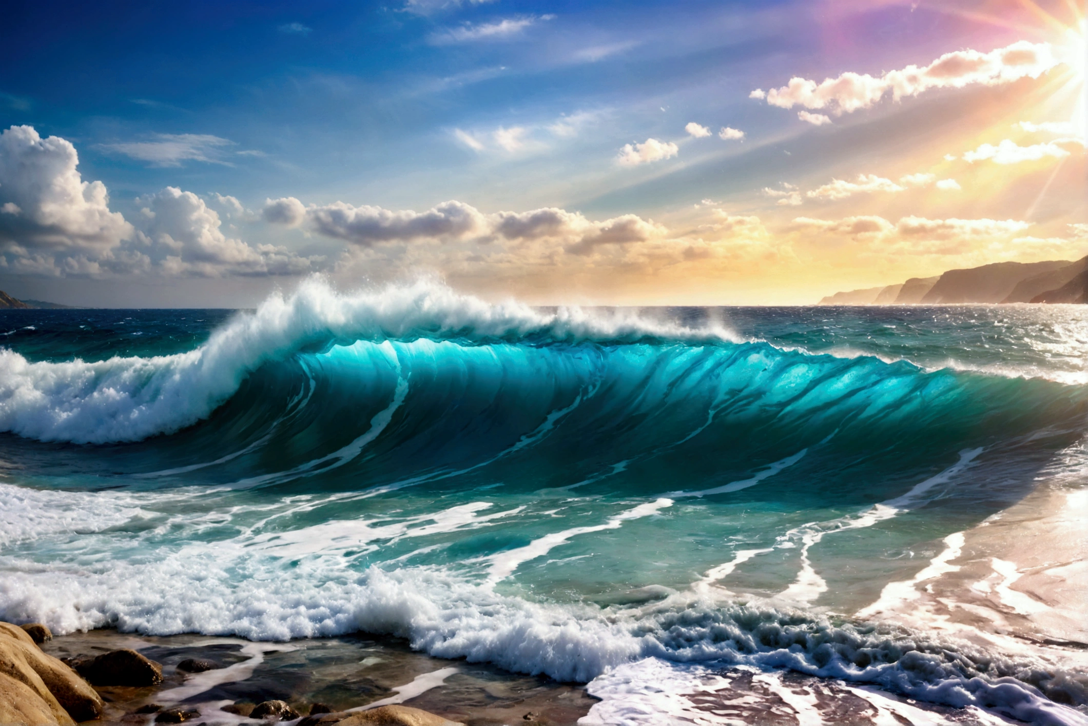 high detailed waves, crystal clear blue ocean water, beautiful sunny day, serene beach landscape, spectacular ocean scenery, dramatic wave motion, photorealistic ocean waves, breathtaking coastal view, atmospheric ocean lighting, (best quality,8k,highres,masterpiece:1.2),ultra-detailed,realistic,photorealistic,photo-realistic:1.37,concept art,cinematic lighting,vibrant colors,studio lighting,detailed foreground and background