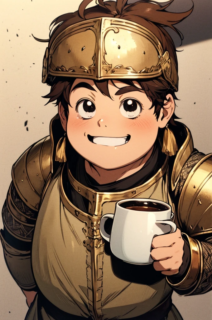 ( excellent quality ), (high resolution), (absurd play), ((young )), brown hair, ((arita haruyuki)), character looking at the camera, Detailed face, ((medieval)), (((drinking a large mug of mead, tavern))), (portrait), ( small eyes), ((black eyes)), (dwarf), (WARRIOR), (solo), (young), (fat), (black eyes), (wearing golden armor), warm temperature, laughing
