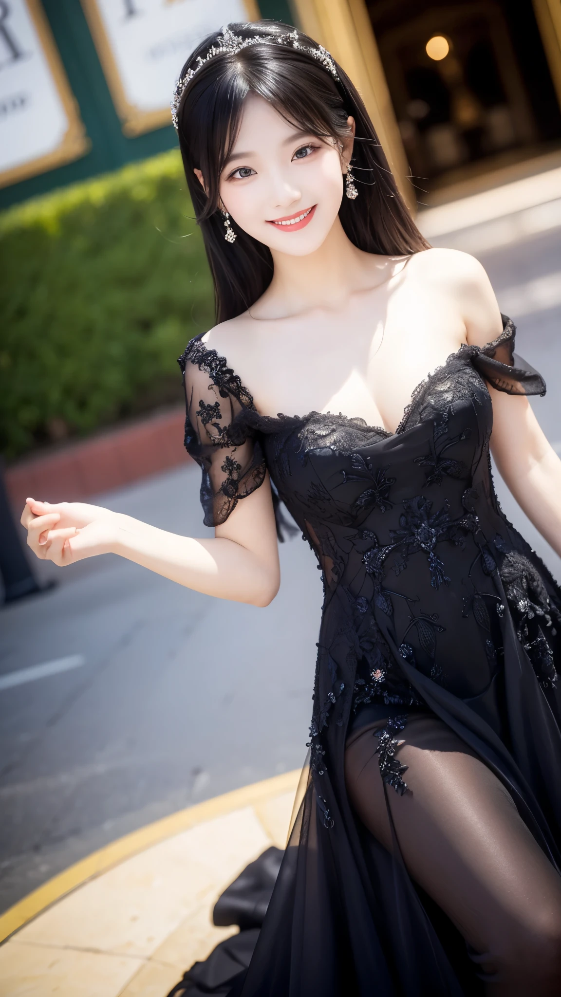 Tzuyu 1, woman, (Realistic), (Hyperrealism), (photoRealistic), Written boundary depth, eye make up:0.7 (whole body:1.8), (Large Bust),(Tight waist), Observe the audience,At the flower garden, Fashion Model, Sexy black dress with open shoulders and neckline