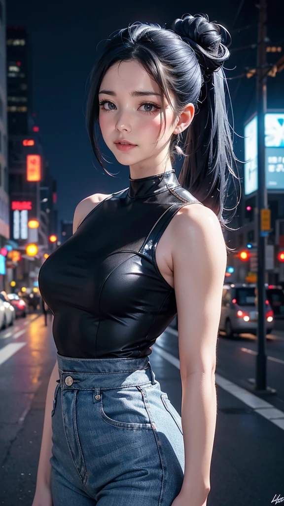 a 20 yo woman、Black and blue hair、pony tails、hair-bun、Hefty Smile、iridescent eye fade:1.3)、Dark theme、mute、pastelcolor、hight contrast、(Natural skin texture、Ultra-realistic realism、softlighting、Sharp)、8k、masterpiece、 top-quality、Ultra K HD、最A high resolution、The is very detailed、Background with、Modern age city、skyscrapper、main street、profesional lighting、 movie lights from the waist、Extremely detailed CG、at the street side、holographic signal、sigature、Great view、Sharp Noor&#39;body posture、Focus from behind、Turning Pose、White-skinned、Beutiful women、23years old、( detailed eyes on board、almond eyerown right pupil、gradient eyes:1、Delicate and beautiful eyes:1、symetrical eyes:1、There is a big bright spot on the eye:1.2)、(red brown hair、bob hair、Left and right non-target hairs are messy.)、(long  skirt、With a belt、long court、off-shoulder sweater 、beige、hand knitted scarf)、Beautiful long and thin buttocks line、Beautiful spine、Contract your back、toned waist、Emphasize hip line、The cheeks are a little red、Beautiful udder、The breasts are A-cups) 、(with a round face: 1.4)、(delicate finger、detailed arms、detailed human hands)、half laugh、Teeth are exposed、Beautiful hip line,Off-the-shoulder clothing,Emphasize cleavage, sexy for, gigantic cleavage breasts,Emphasize the hips backward,Detailed hands, 5 fingers, The right people,  detailed eyes on board,ctextured skin, super detailing, high detal, high qulity, Award-Awarded, top-quality, A high resolution, 1080P, k hd, 4K, 8k, 16k