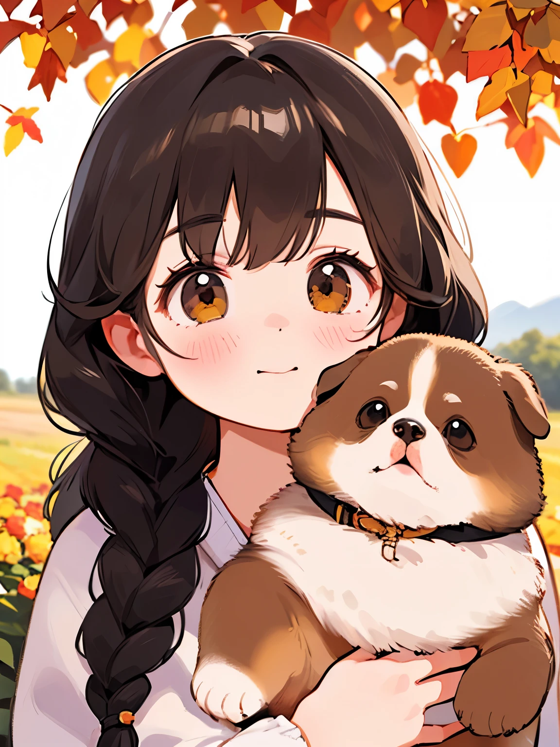 ( Best Quality ,4K,8k,  kampala,masterpiece:1.2),  very detailed , (Deformed, Realistic, Realistic:1.3)，One ，cute ，Very short，Laugh happily,  Brown Eyes  , Fluffy, Black hair braids， white dress，，That dog is bigger than the girl  ......，This dog is an Akita....，犬はFluffy， the dog is hugging the girl ， Autumn rural house and garden background，