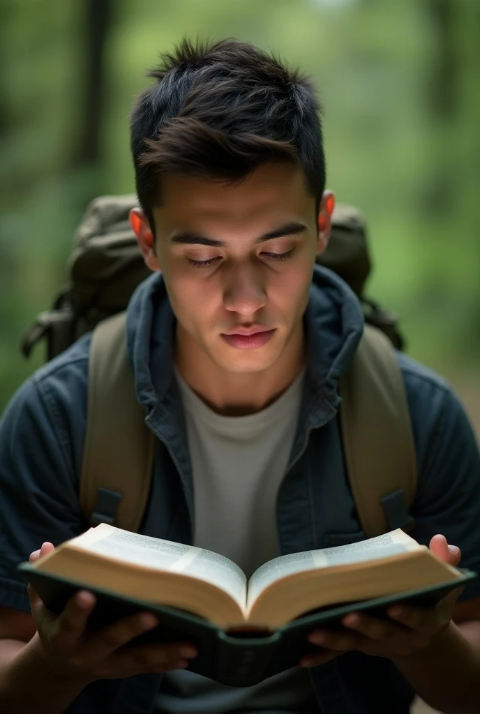 A man was sitting in the middle of a lush forest with tall trees. He was holding a thick book and looked very focused on reading it. Around him, several other books could be seen open on the green grass. In the background, the setting sun gave off a yellow light softness that radiates between the branches of the trees that grow thickly." very realistic, high resolution, 8k resolution, intricate details, dramatic