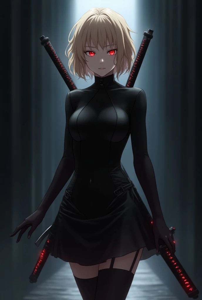 absurdres, uhd, 16k, 1girl, arcueid \(tsukihime\), 1girl, alley, short blonde hair, (((red eyes))), arms behind back, white turtleneck, blush, building, cowboy shot, day, chain necklace \(arcueid\) on chest, large breasts, looking at viewer, outdoors, smile, solo, standing, taut clothes, tight black pants, thigh gap, closed mouth, leaning forward, 2hands, accurate fingers, loish hands, extreme hand detail, normal hands, with fingers, accurate hands, 2thumb