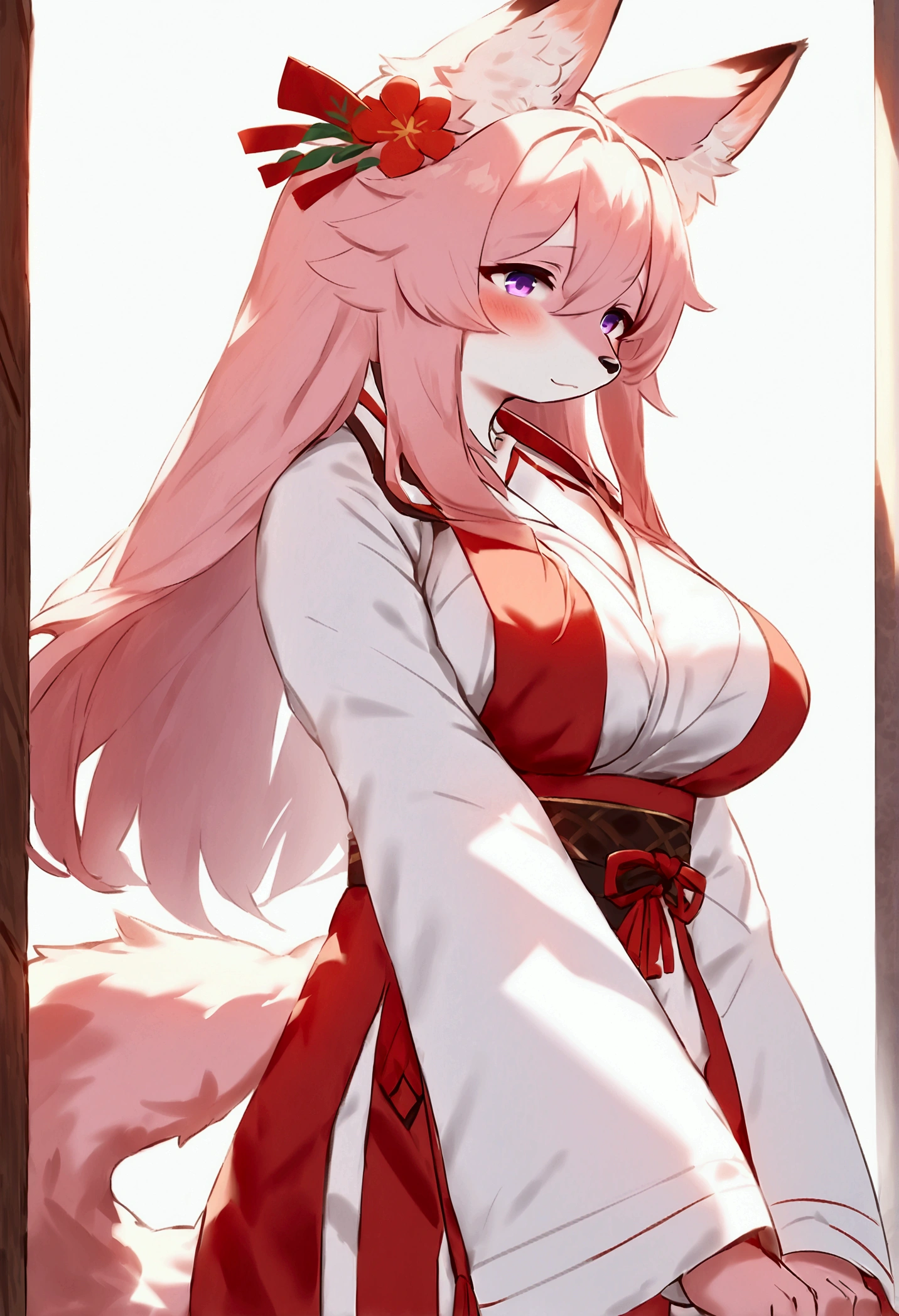 (top quality, best quality, Bogexboog, High-quality illustrations, masterpiece, perfect artwork, cinematic light and shading, 16k, 1080p, uploaded on e621)(kemono, furry, anthro, alone), 1 mature female, (very detailed body, face, tail, arms, hands, legs, head and eyes), fox, Yae Miko, (Genshin Impact), hunter body, mature body, big breasts, pink fur, fluffy, fluffy tail, shrine maiden long hair, perfect eyes, purple eyes, black pupils, beautiful shrine dress, beautiful legwear, beautiful shrine garden, body movement, body twitching, red blushing, shy, protective behavior,