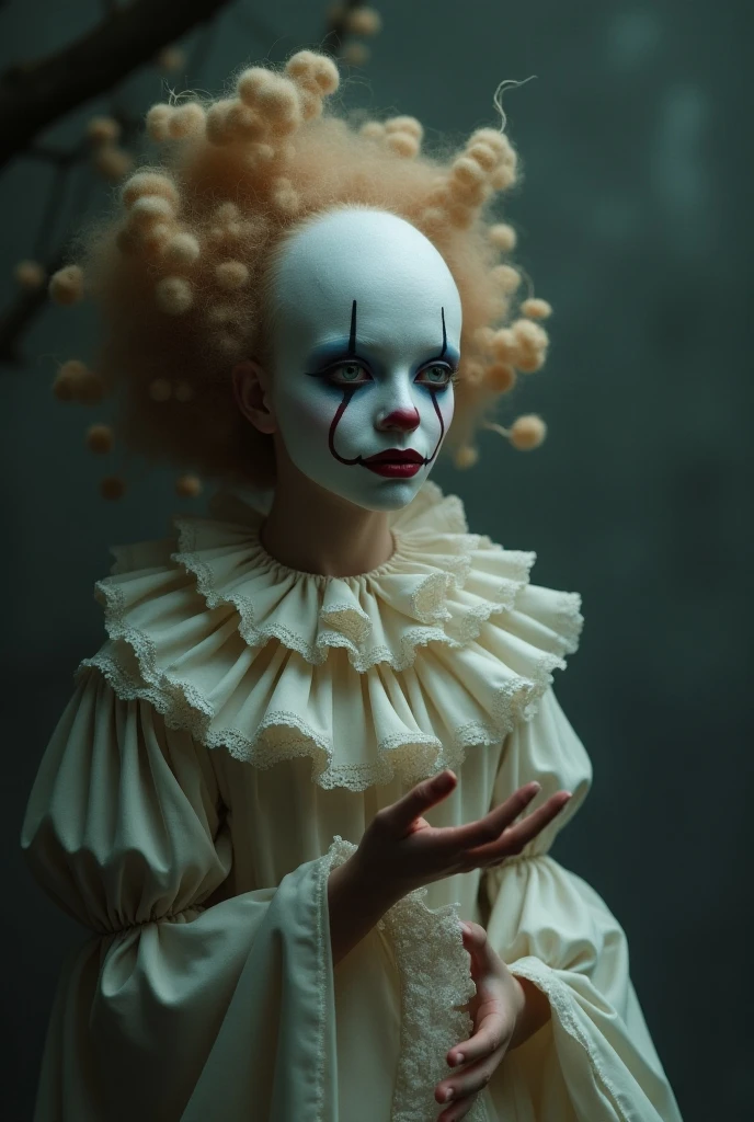 A place with a morbid look that resembles a funeral, (foggy:1.2), silhouetted in soft shadow (full body photograph:1.2) (Vivid Amber,Bronze Yellow,Harlequin clown outfit:1.3) (beautiful supermodel:1.1) resting her head on her hands detailed background bokeh