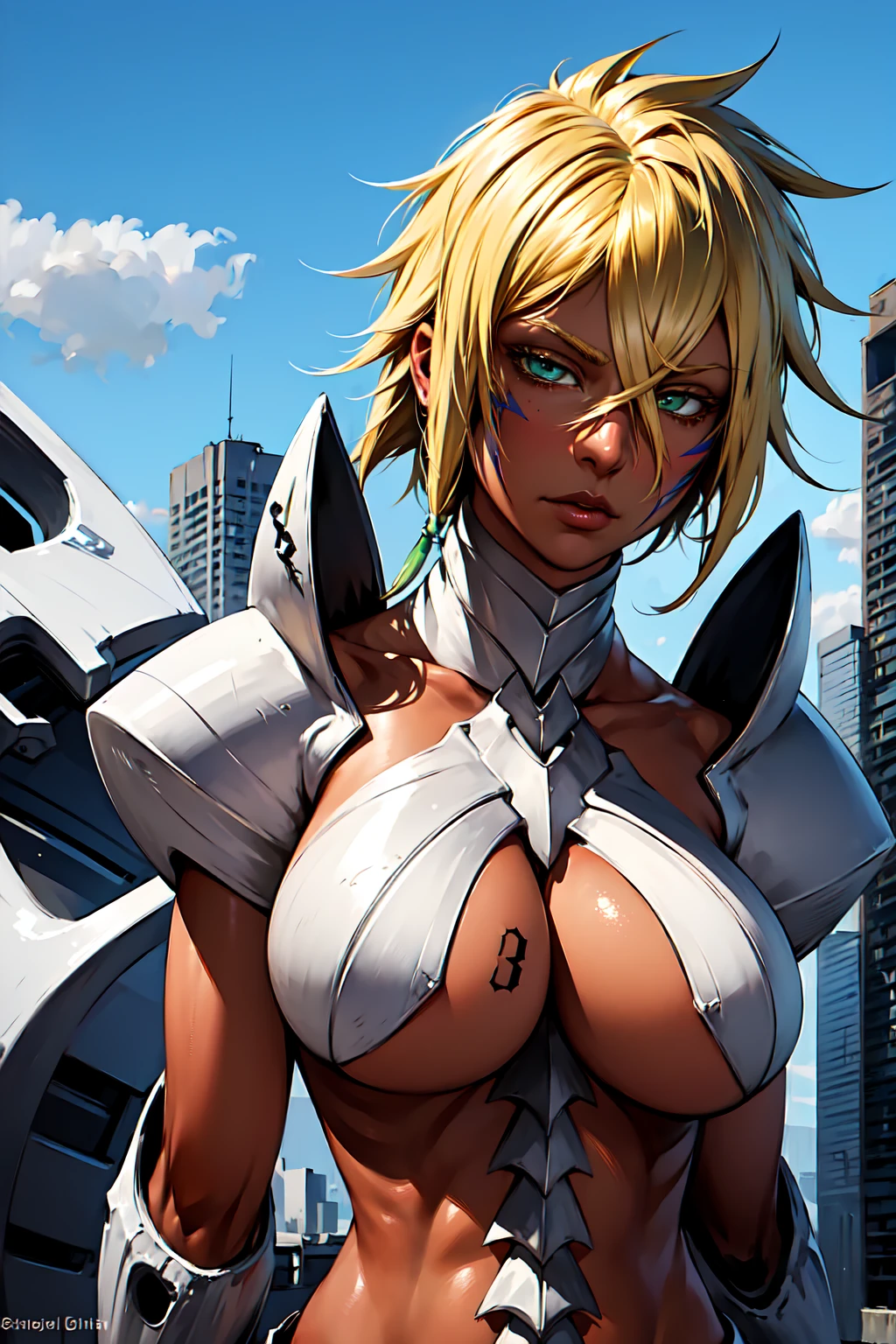 (masterpiece), best quality, expressive eyes, perfect face, looking at viewer, 1girl, solo, ((upper body)), ((dark-skinned female)), ((dark skin)), armor, (white armor), facial mark, closed mouth, (large breasts), revealing clothes, green eyes, blonde hair, short hair, spiky hair, crossed bangs, hair between eyes, (urban landscape), th1