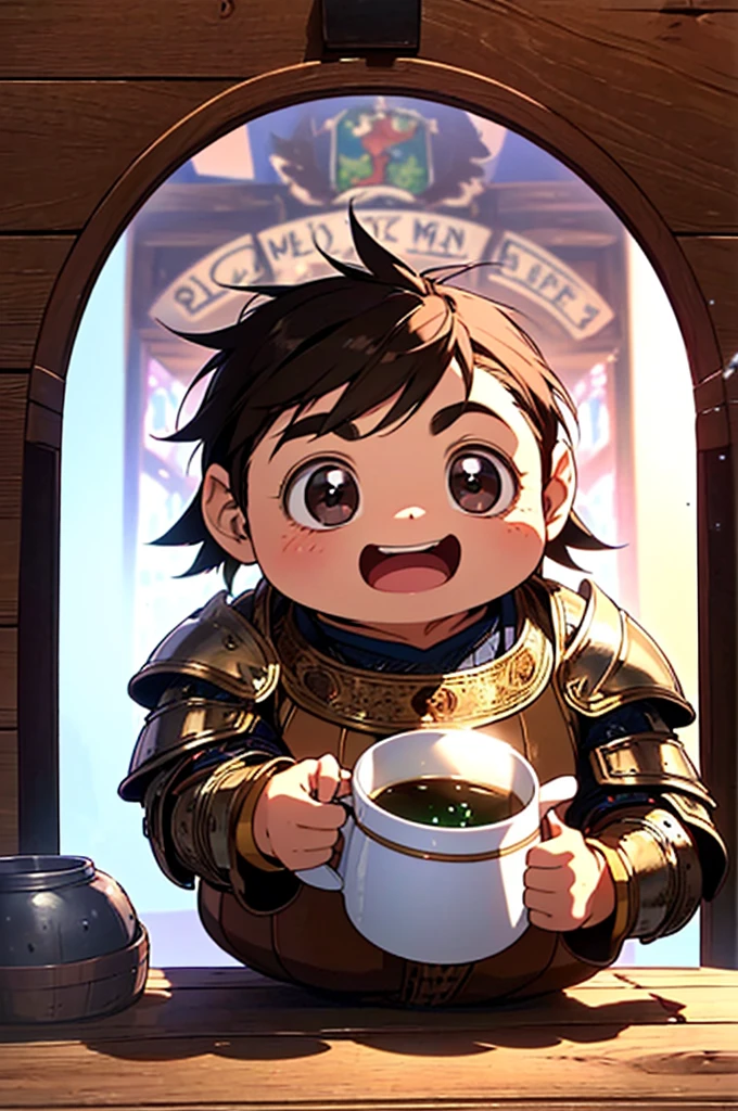 ((mature)), ( excellent quality ), (high resolution), (absurd play), ((young )), brown hair, ((arita haruyuki)), character looking at the camera, Detailed face, ((medieval)), (((drinking a large glass of mead in a large wooden mug, tavern))), (portrait), ( small eyes), ((black eyes)), (dwarf), (WARRIOR), (solo), (fat), (black eyes), (wearing golden armor), warm temperature, laughing
