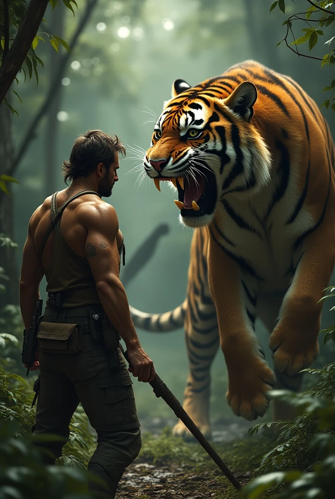 1 female alien, The predator, tiger warrior, (extremely beautiful:1.2), (intense gaze:1.4), (predator:1.1), long dark claws, NSFW,  nipples, thick eyebrows, glowing and shining golden eyes, the most beautiful tiger face in the universe, black hair,
A woman with an extremely beautiful tiger face, her intense gaze fixed on her prey, a primal tiger force that could not be denied.
(extreamly beautiful lean body:1.5), (ultra muscular build:1.2), (prowling:1.3), (sleek movements:1.4),
Her beautiful body, muscular and toned, moved with sleek grace as she prowled, ready to strike at a moment's notice. The predator in her is always on