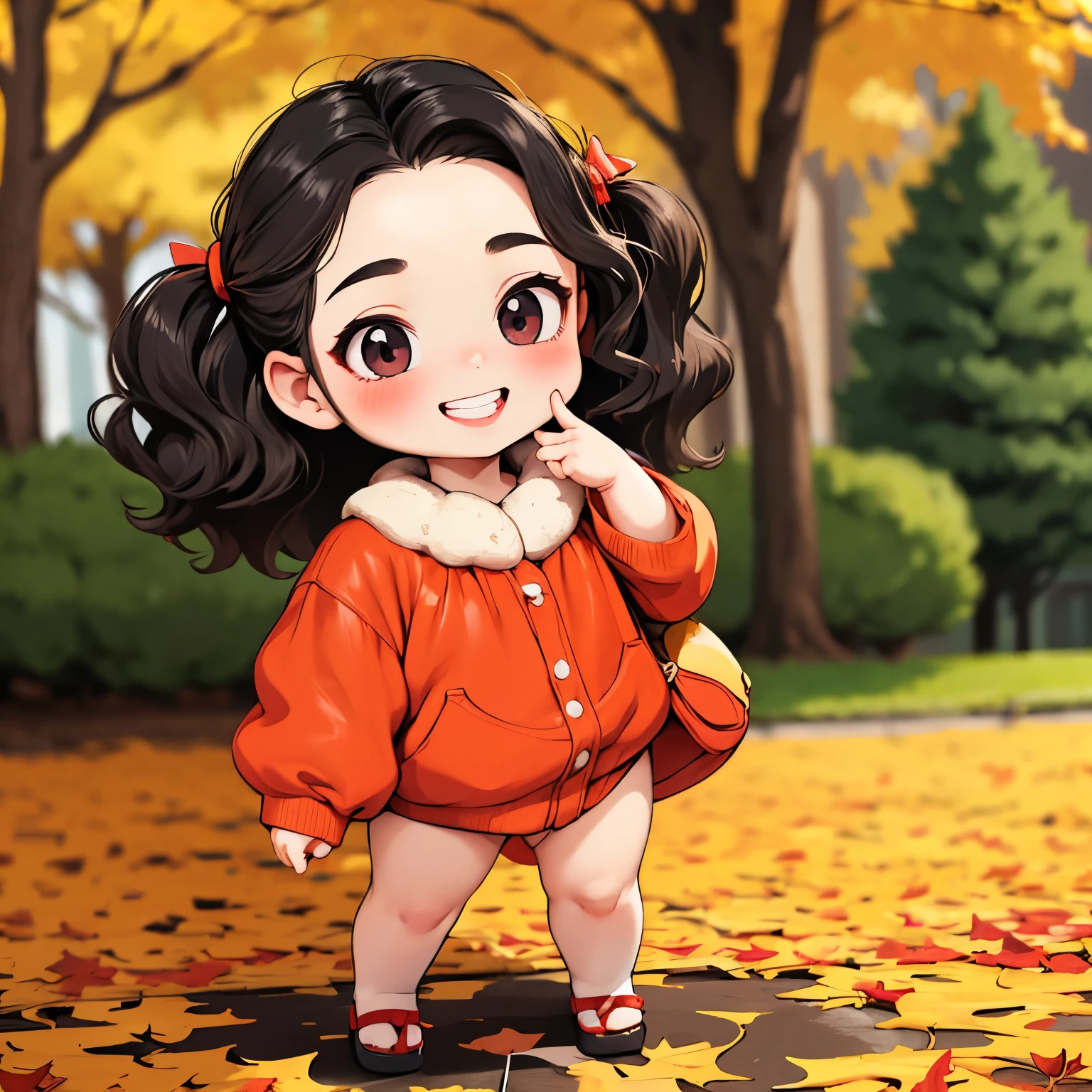 (masterpiece), ( Best Quality)， One， Small dolls to play with outdoors ，  full body portrait  ，  very young and  ， Very short stature， toddler figure ， thin thighs， Black Hair ，teeth，  smiling so happy ，Chibi，  very small cute baby  、Have，  photo taken from the front 、Strong bokeh，Big float，Autumn park garden，beautiful autumn leaves ， background ， precise and detailed female fingers :1.2，