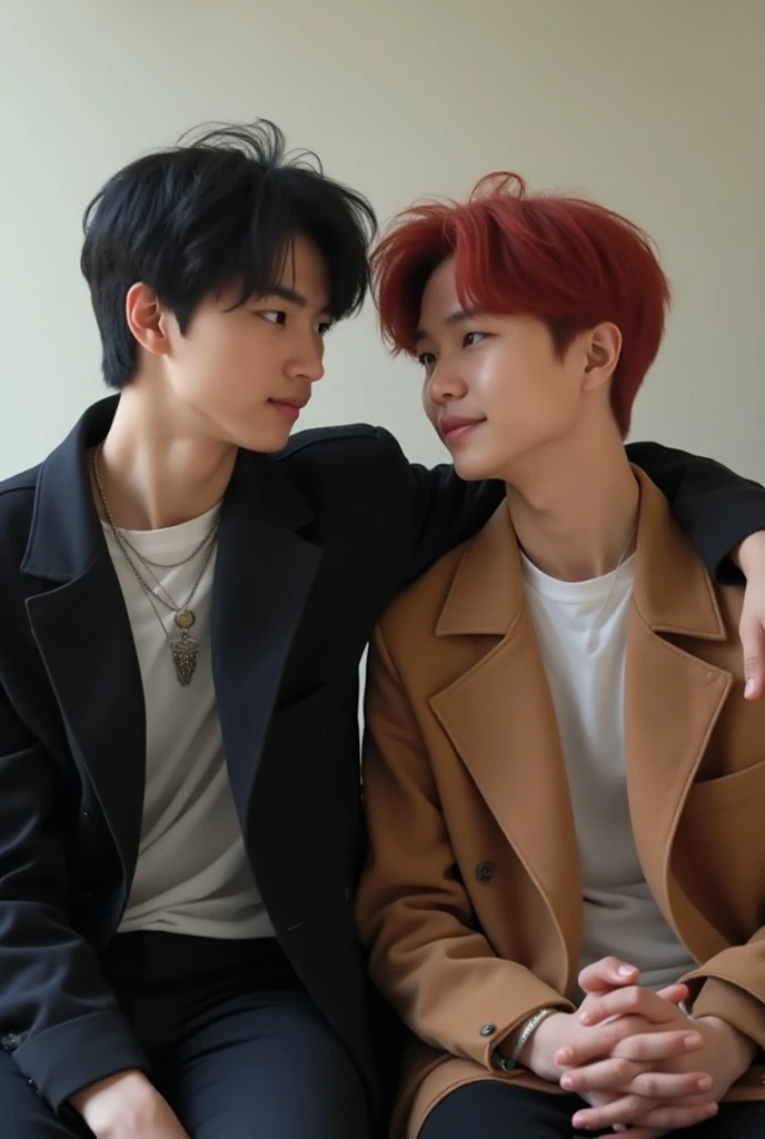 ((best quality)), ((masterpiece)), (detailed), perfect face

  Namjoon from BTS hugging a BOY with RED hair, . The boy with his face hidden in BTS Namjoon's chest...