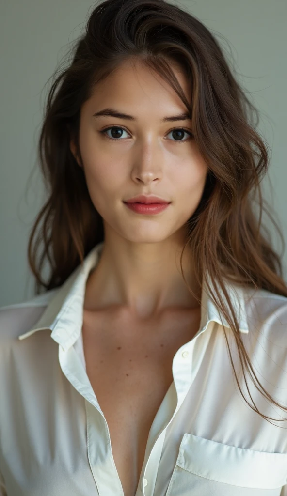 21 years old young caucasian girl, named Stella, long light brown hair, messy medium hair, beautiful green eyes, large medium breast, fit body, slim body, narrow waist, round ass, slender fit body, white shirt unbuttoned, white shirt tucked in jeans, wearing jeans, beautiful green eyes, in the coffee shop, view from front, front view, full body, full body portrait, full-scale photo, solo girl, looking at the camera, sad face, epic realism, ((extremely realistic photo)), high contrast, skin texture, realistic skin texture, realistic textures, incredibly detailed, best quality, ultra-high resolution, 4k quality, photorealistic, ultra-detailed, finely detailed, photorealistic,photorealistic